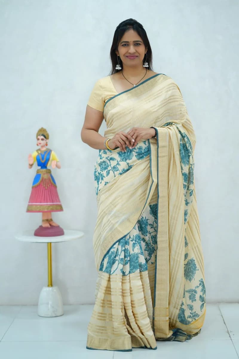 Soft cotton saree in beige with blue floral print