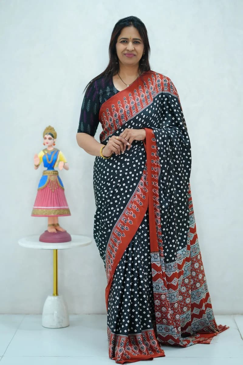Satin Silk Saree in black and red with beautiful ajrakh print