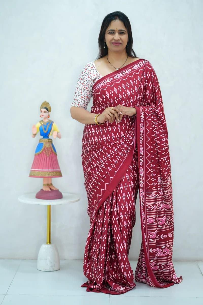 Satin Silk Saree single tone red shade with all over ikkat print
