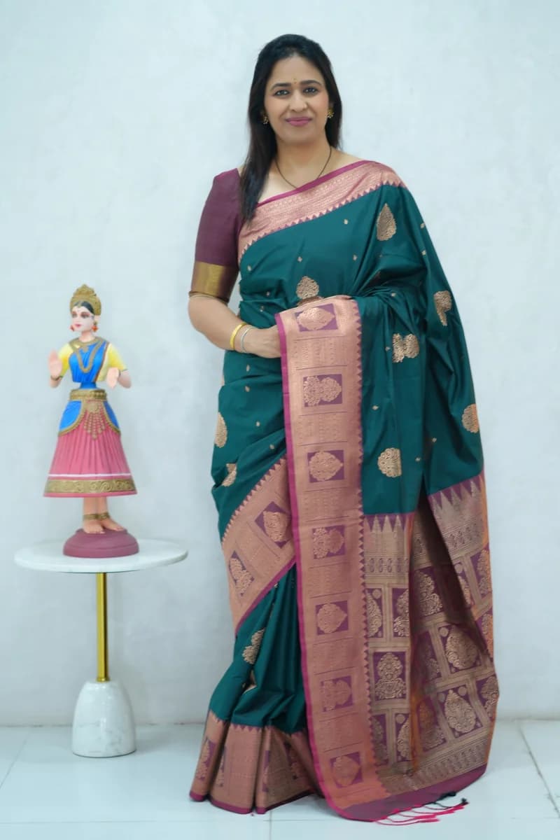 Semi Kanchi Silk saree peach and brown with all over zari weaving