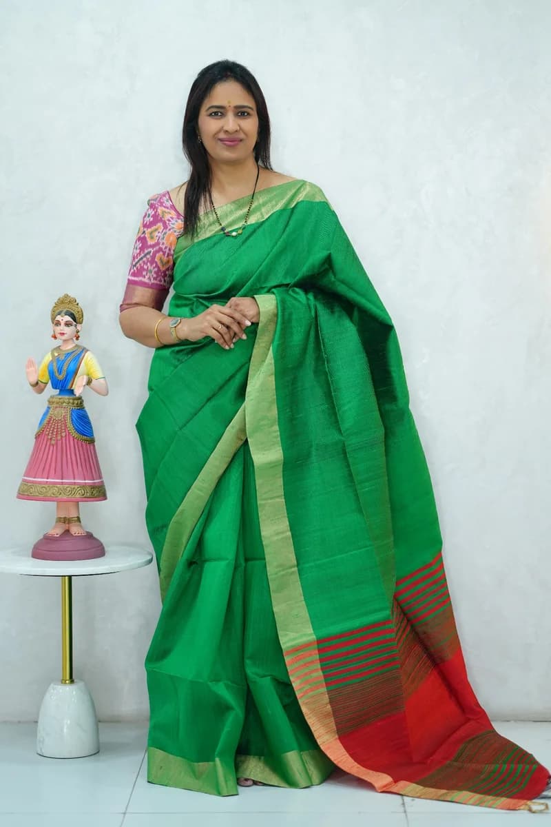 Pure Raw Silk Saree in traditional green and red colour