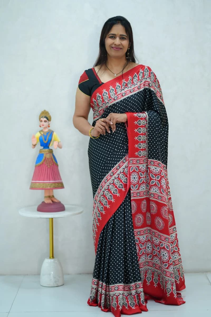 Satin Silk Saree in black and red with beautiful ajrakh print