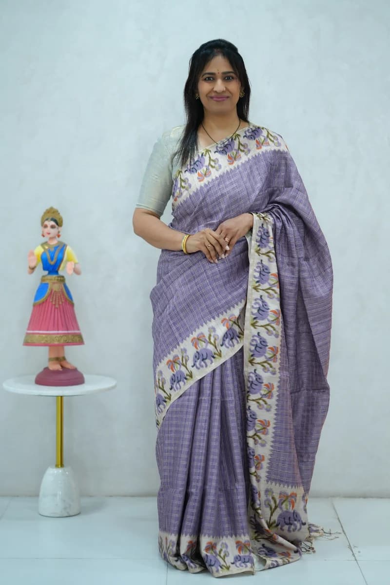 Blended Tussar Silk Saree light violet & beige colour