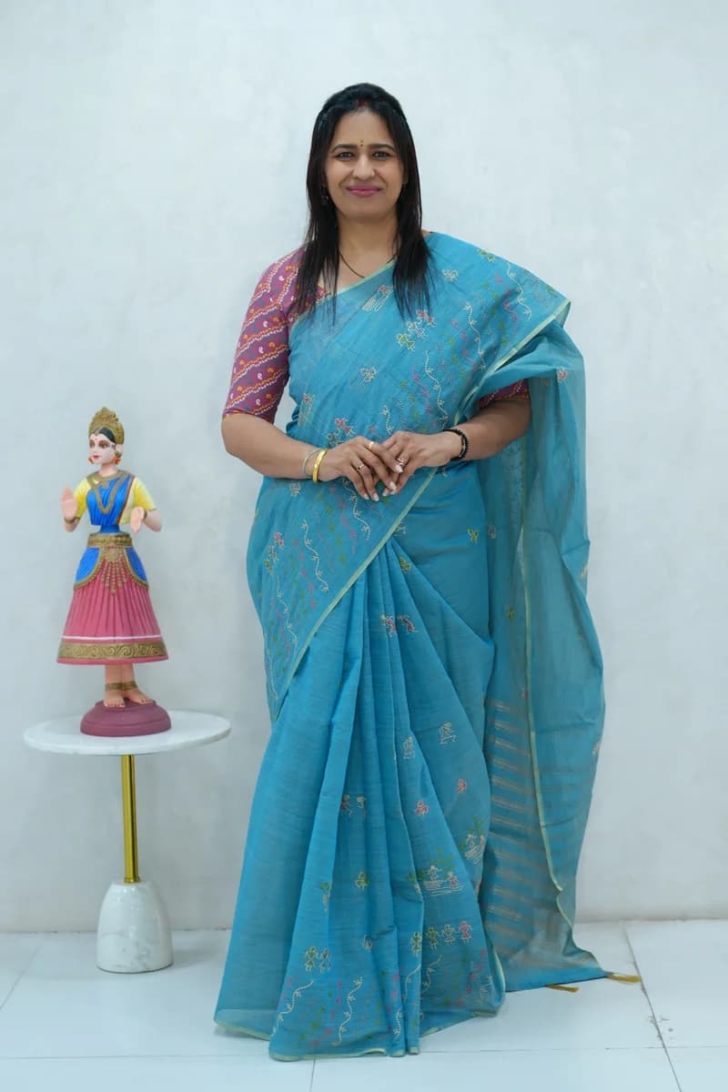 Cotton Silk saree blue with all over thread embroidery