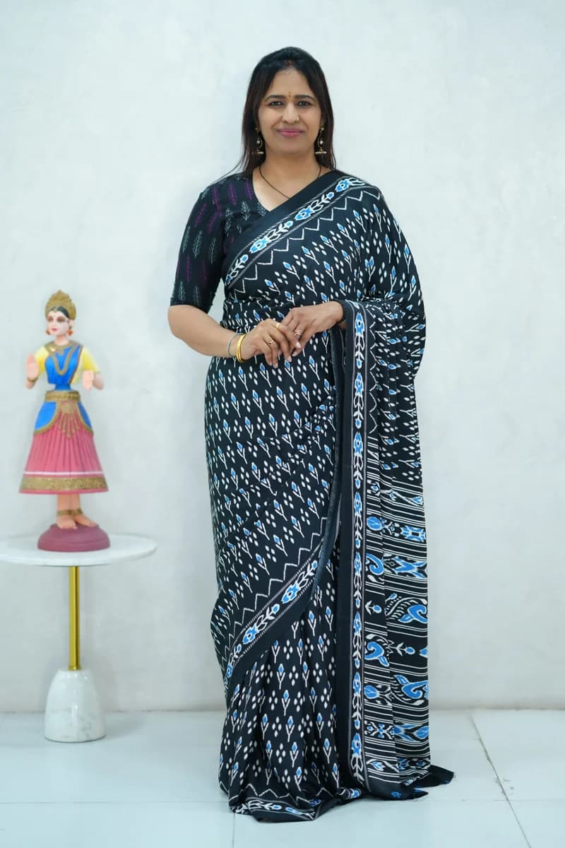 Satin Silk Saree in black with all over ikkat print