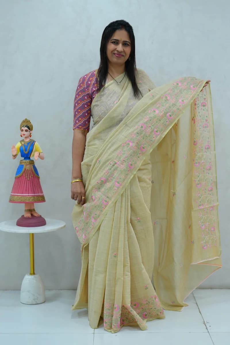 Cotton Silk saree beige with all over thread embroidery