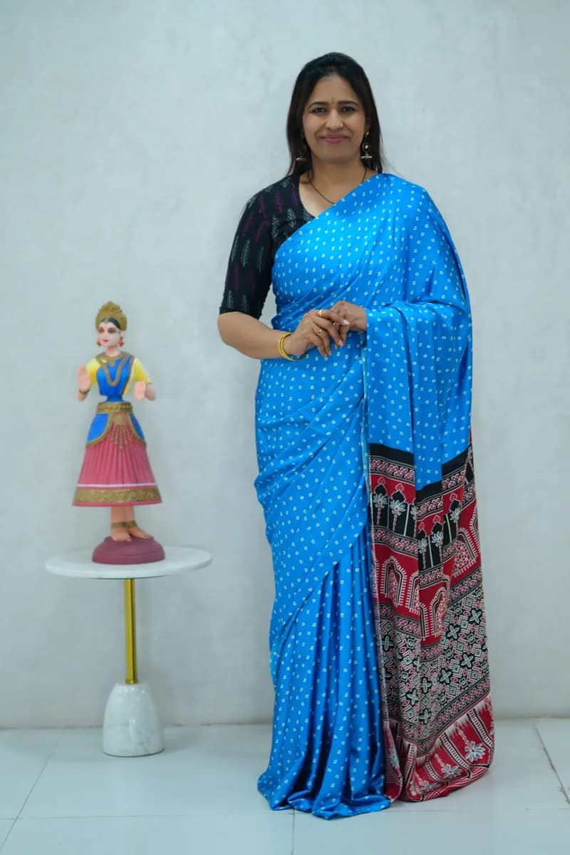 Satin Silk Saree in blue and black with all over print