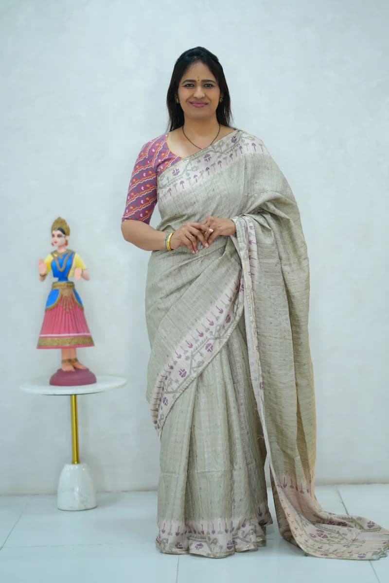 Blended Tussar Silk Saree in pastel grey & beige colour