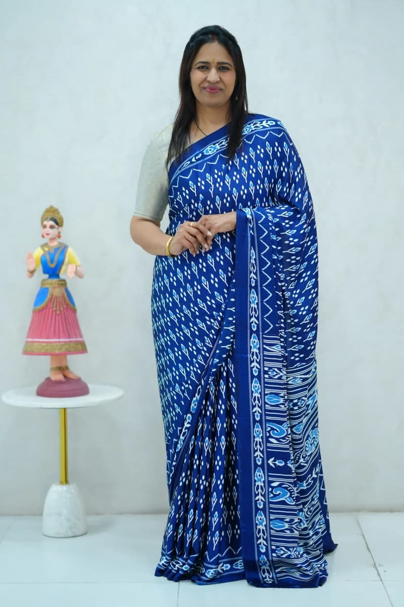 Satin Silk Saree single tone royal blue shade with all over ikkat print