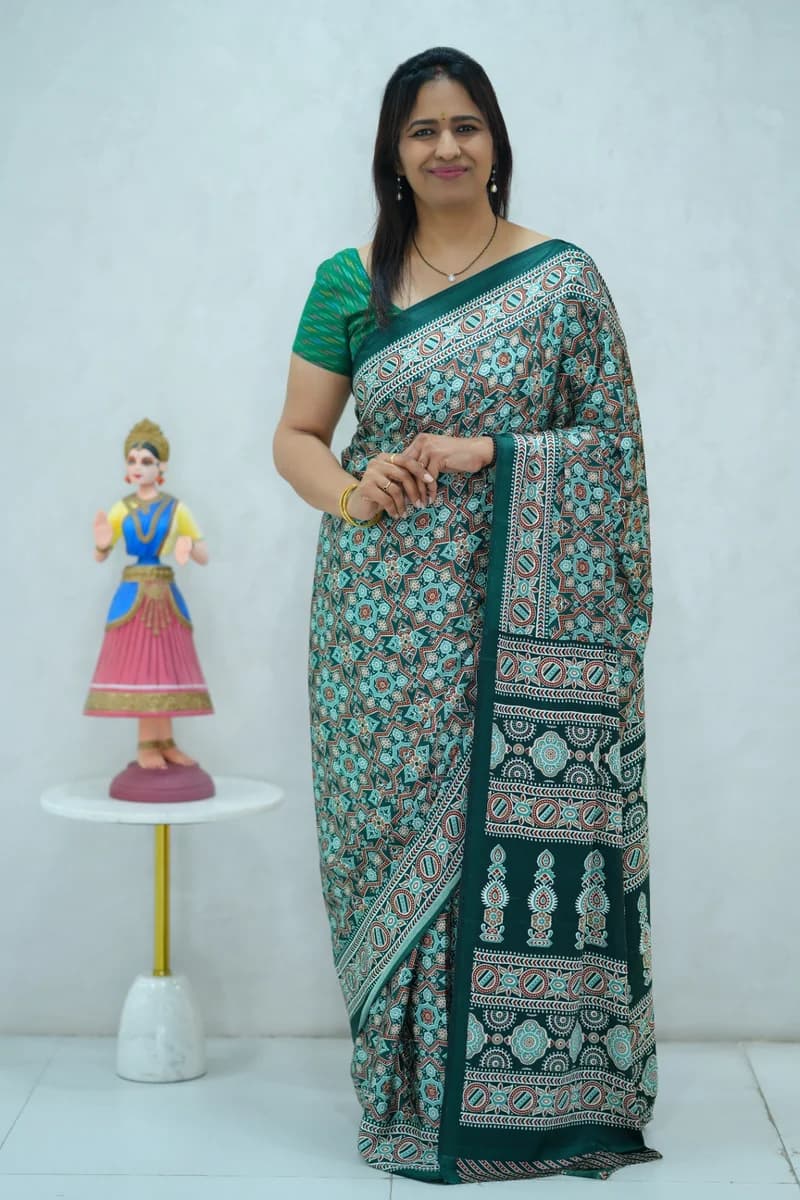 Satin Silk Saree single tone green shade with all over floral and ajrakh print