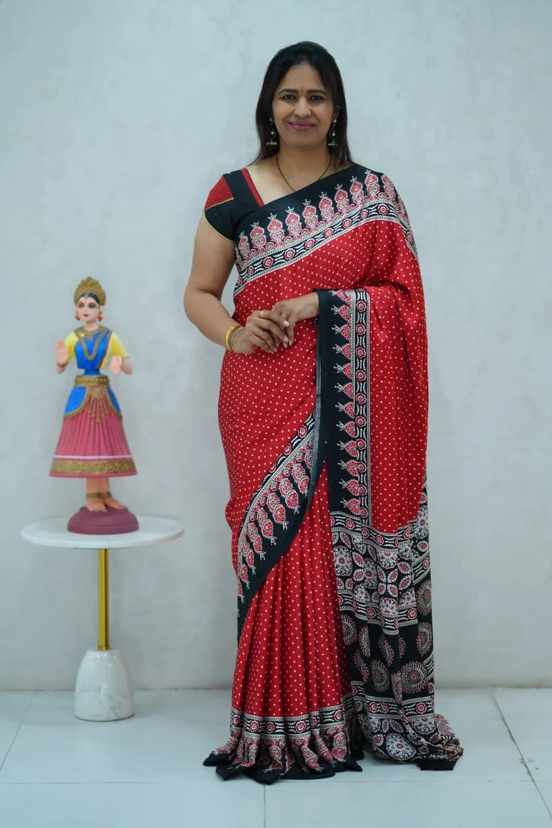 Satin Silk Saree in red and black with beautiful ajrakh print