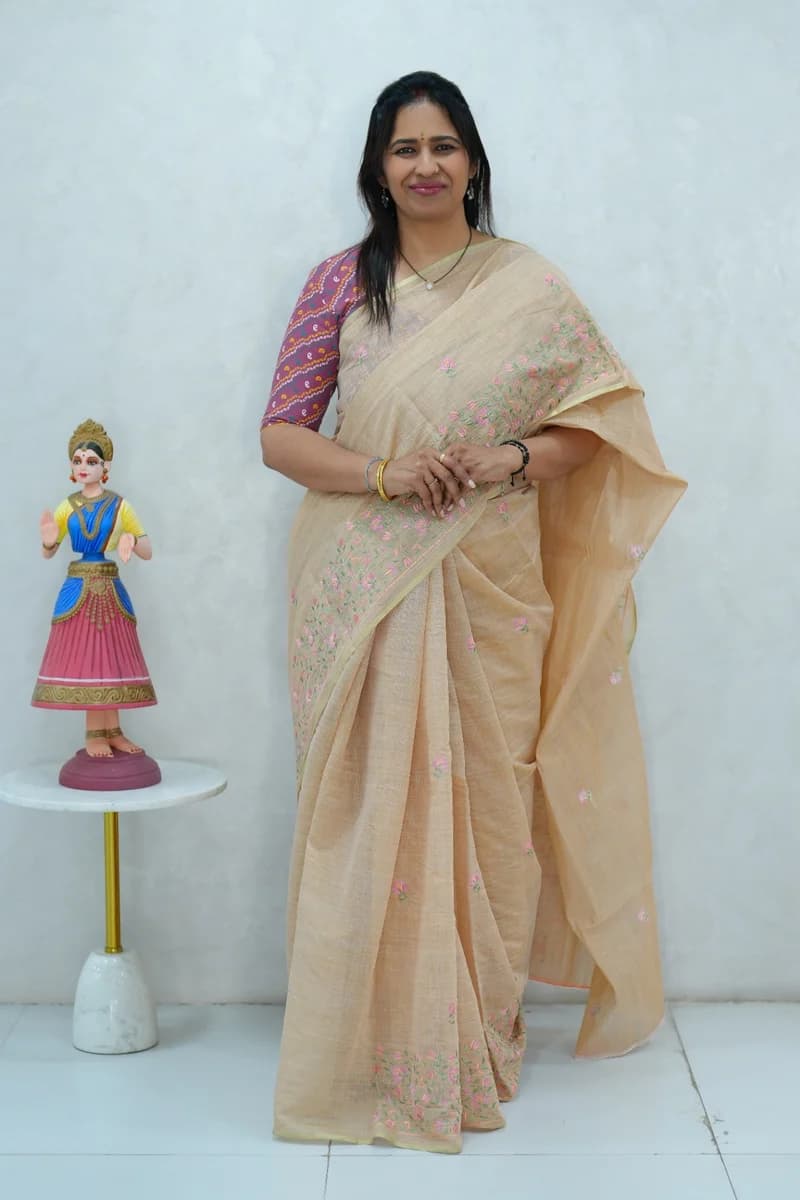 Cotton Silk saree sandalwood shade with all over floral design embroidery