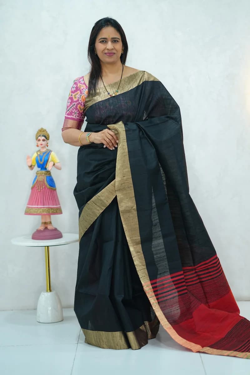 Pure Raw Silk Saree in black and red colour