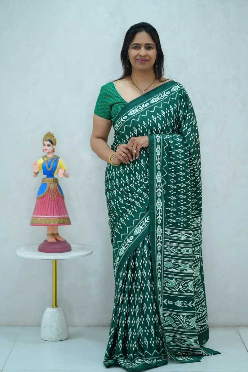 Satin Silk Saree single tone green shade with all over ikkat print