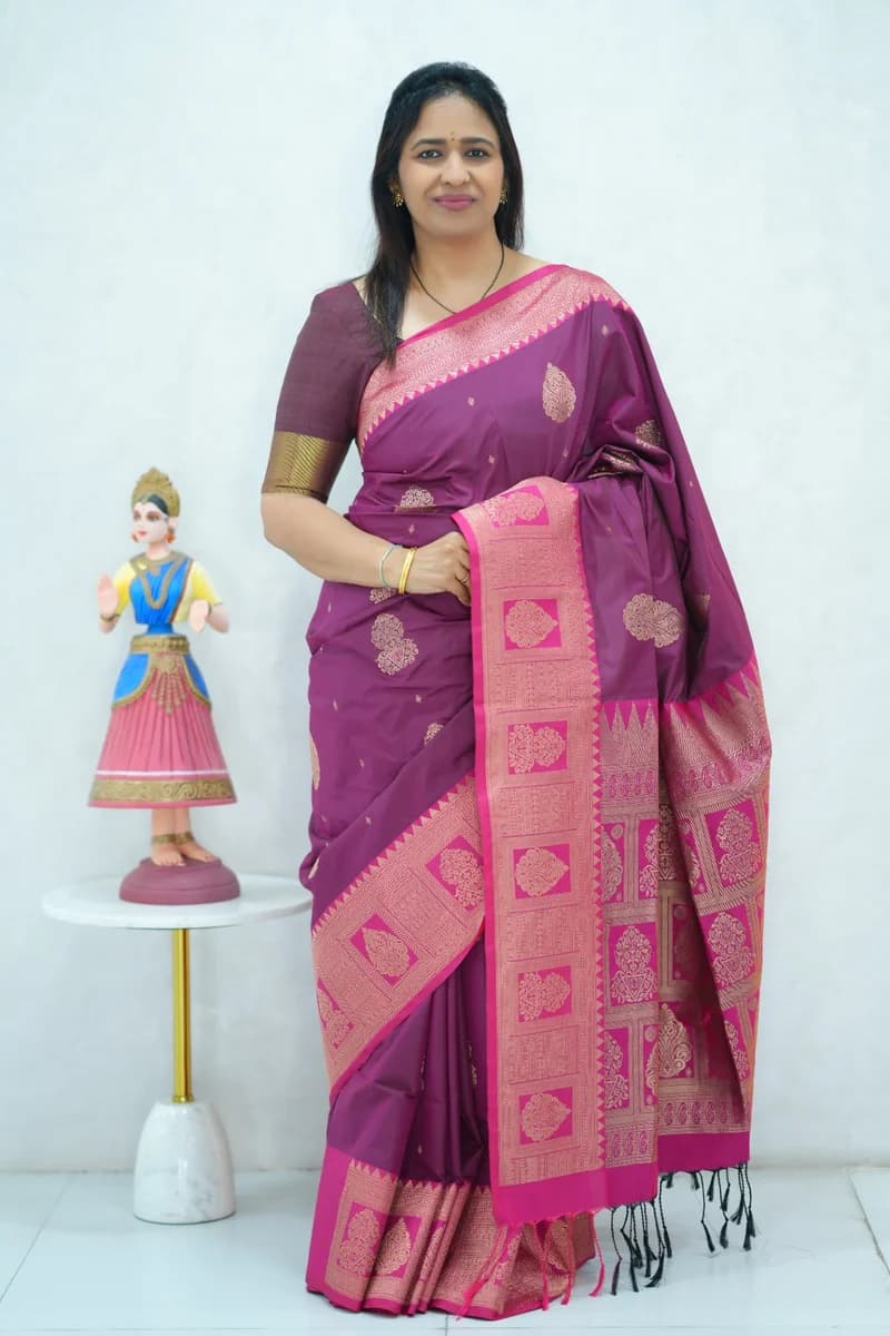 Semi Kanchi Silk saree purple and pink with zari woven buttas
