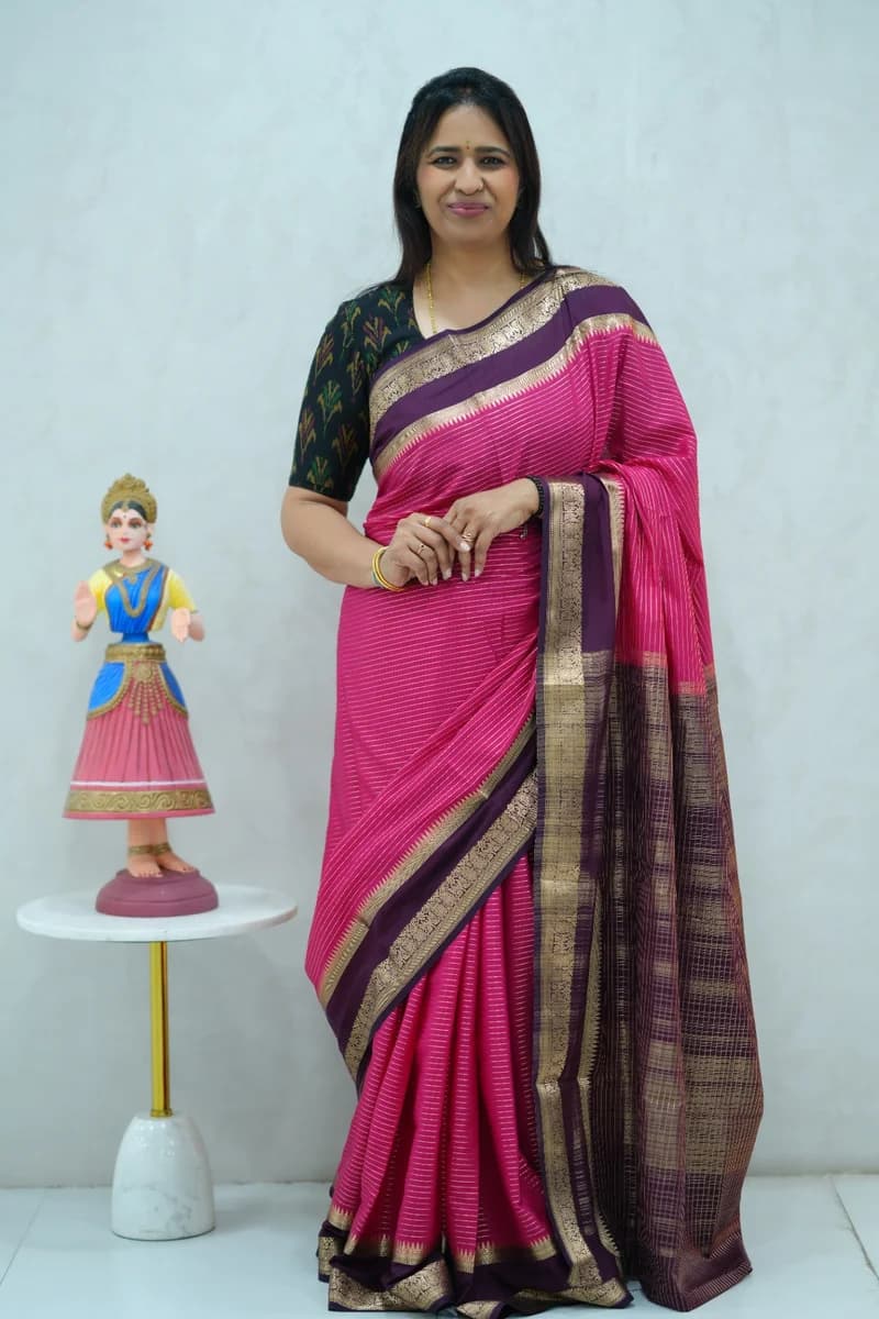 Crepe silk saree in dark pink and purple combination