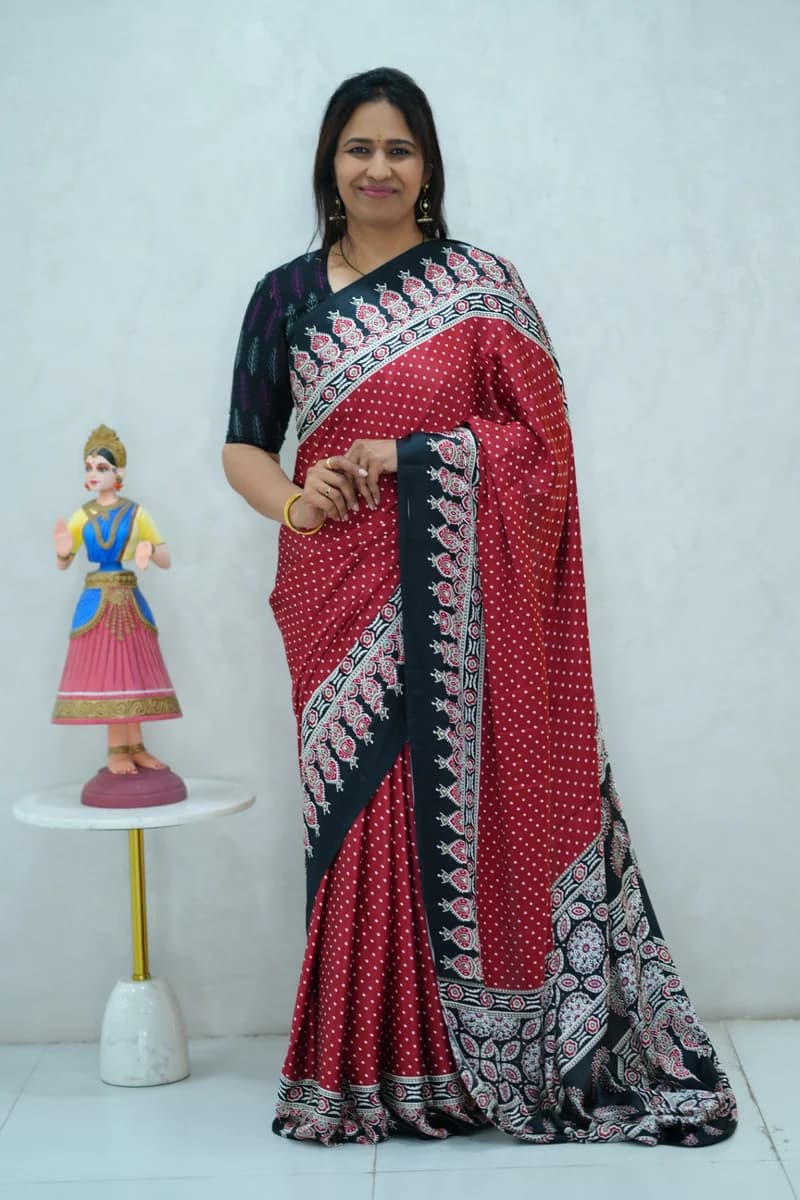 Satin Silk Saree in red and black with beautiful ajrakh print