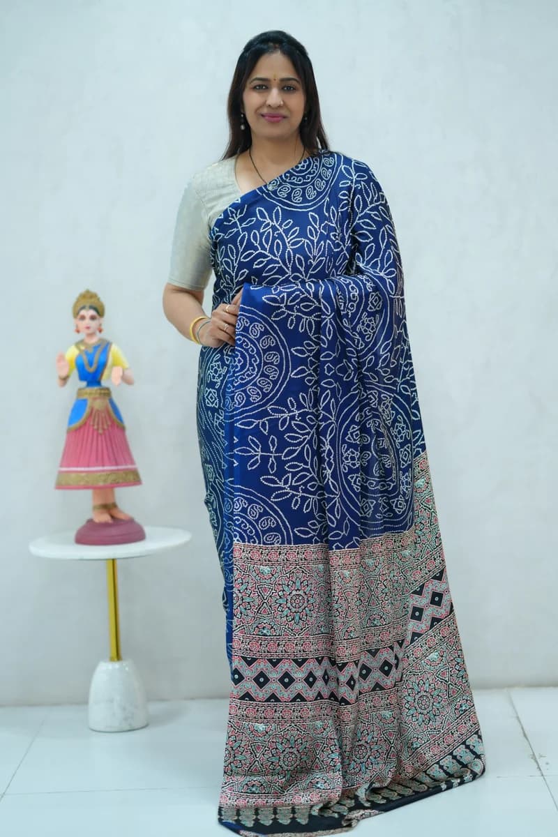 Satin Silk Saree in bluewith beautiful floral and ajrakh print