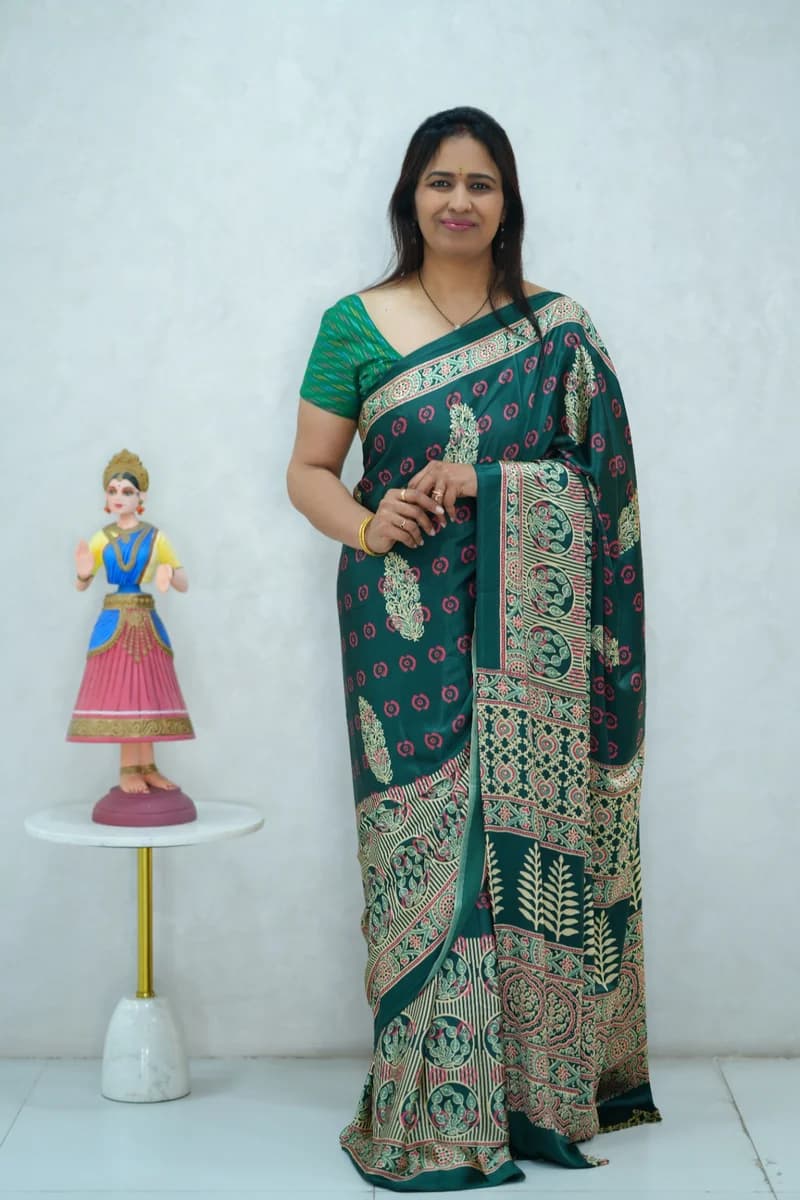 Satin Silk Saree in green shade with all over floral print in pink and beige