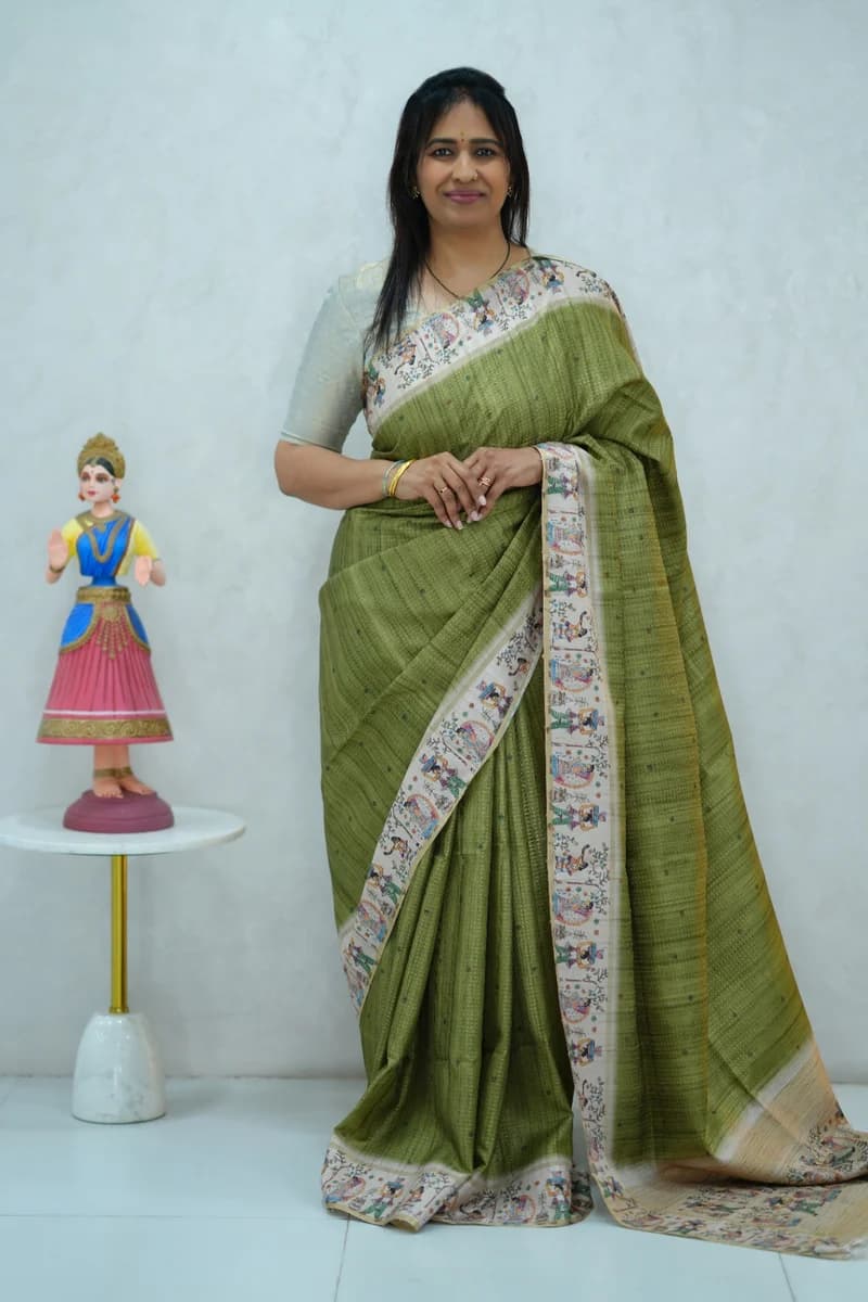 Blended Tussar Silk Saree green & beige colour