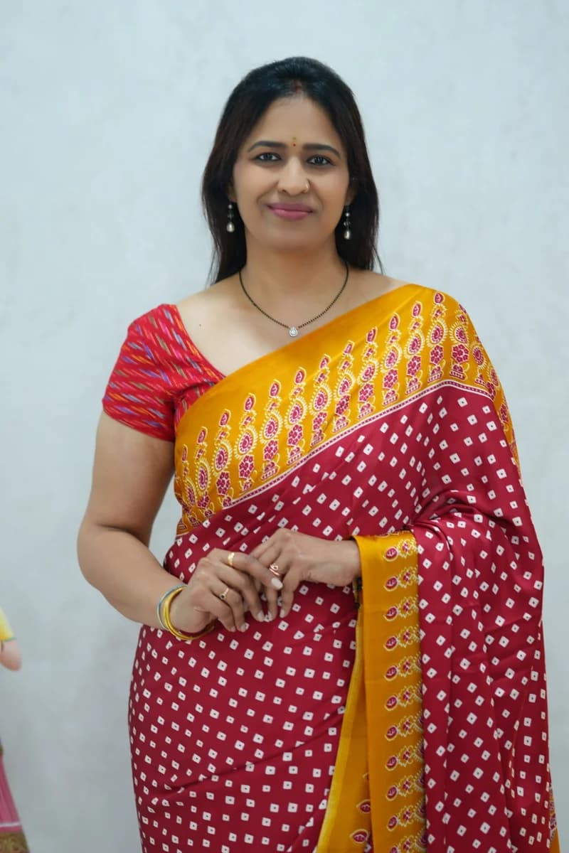 Satin Silk Saree in yellow and red with beautiful ajrakh print